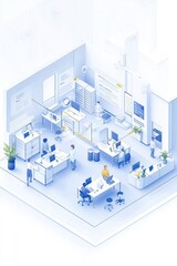 A modern office layout showcasing collaborative workspaces and technology.