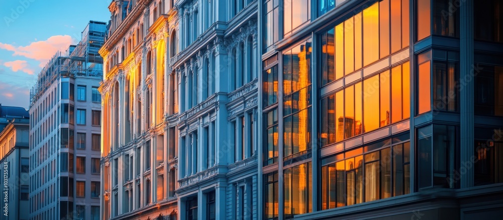 Poster row of buildings with large windows reflecting the setting sun.