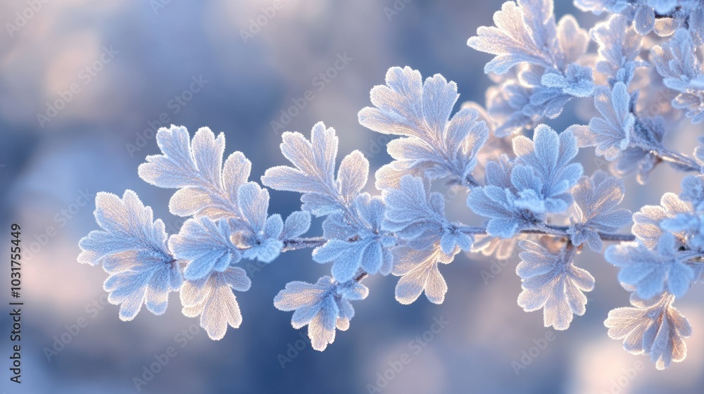 Poster Frost-covered leaves glistening in soft light, showcasing winter beauty.