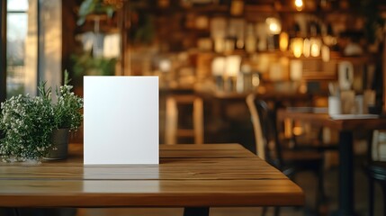 Restaurant Menu Mockup: Blank sign on wooden table in cozy cafe