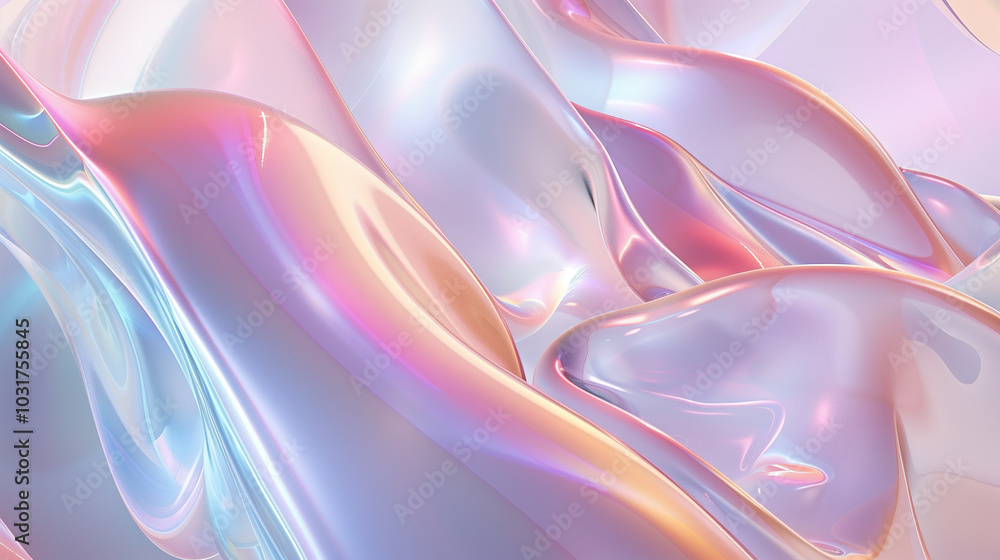 Poster abstract background with glassy 3d waves flowing in an iridescent gradient.