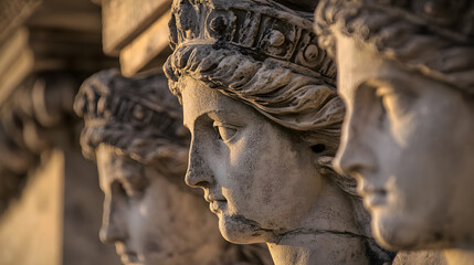 A close-up of the Caryatids on the Erechtheion at the Acropolis their delicate features bathed in soft afternoon light.