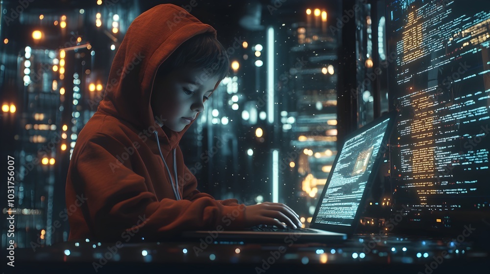 Poster young computer programmer in hooded jacket typing on laptop amid illuminated screens in dark tech ro