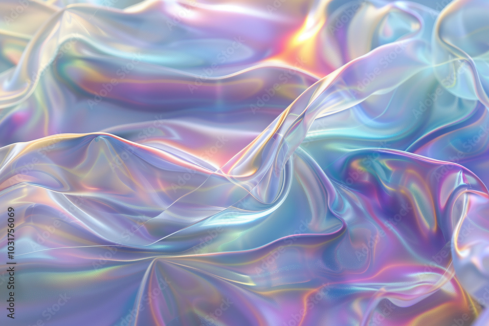 Poster abstract background with glassy 3d waves flowing in an iridescent gradient.
