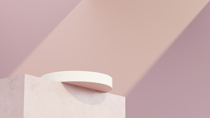 Background featuring an empty product display mockup with a pink backdrop and abstract geometric platforms designed for showcasing merchandise in landscape orientation.