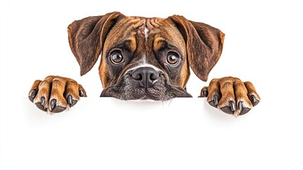 Obraz premium A curious dog peeking over a white surface, showcasing its expressive eyes and paws.