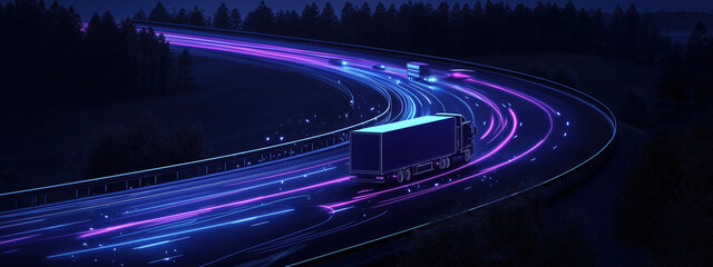 High-Tech Vehicles with Connected Software on Curved Highway, Aerial View, Dark Background