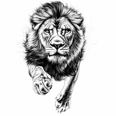 Fototapeta premium Tattoo Design of Lion in Powerful Pouncing Position with Flowing Mane: Engraving Style Illustration