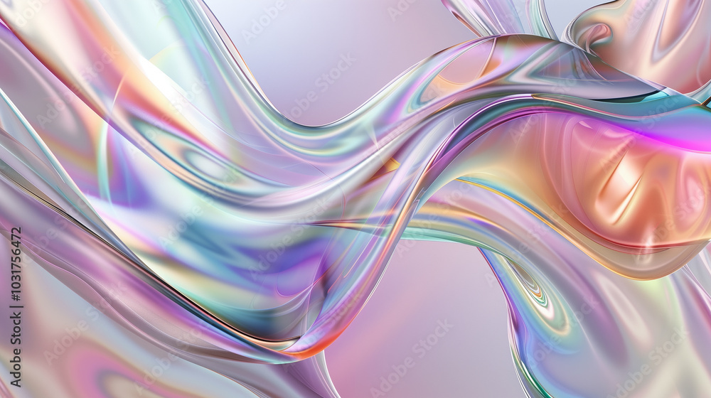 Poster abstract background with glassy 3d waves flowing in an iridescent gradient.