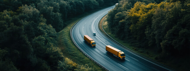 Cars and trucks with connected software world, curve road of highwaye