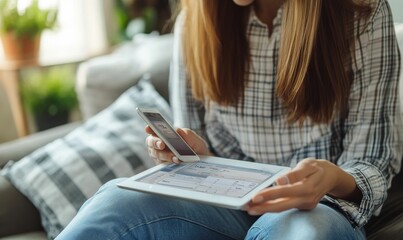 Obraz premium Woman using tablet and phone on sofa.