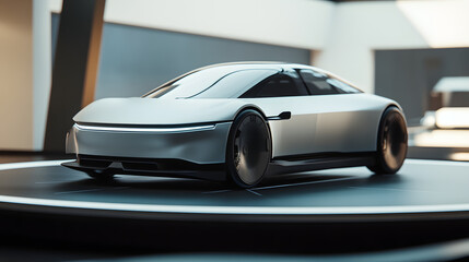 A concept electric car with a minimalist design displayed on a rotating platform at a car show.