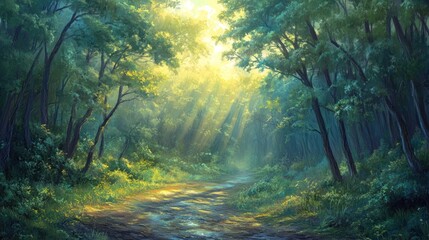 Obraz premium A serene forest path illuminated by sunlight filtering through the trees.
