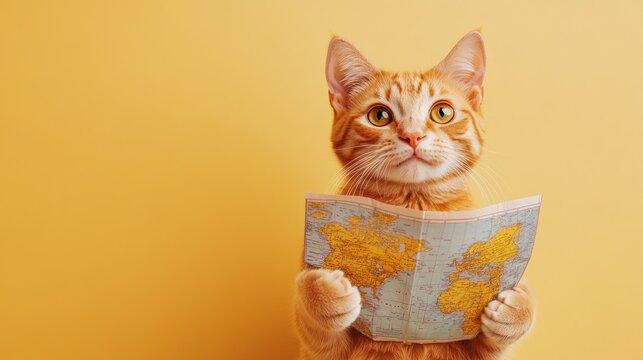 A curious orange cat holding a map against a bright yellow background.