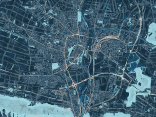 Painterly Style City Map of Minden, Germany in a Blue Color Scheme.