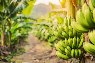 A banana plantation with rows of green banana plants in a tropical setting, showcasing agricultural abundance and natural growth

