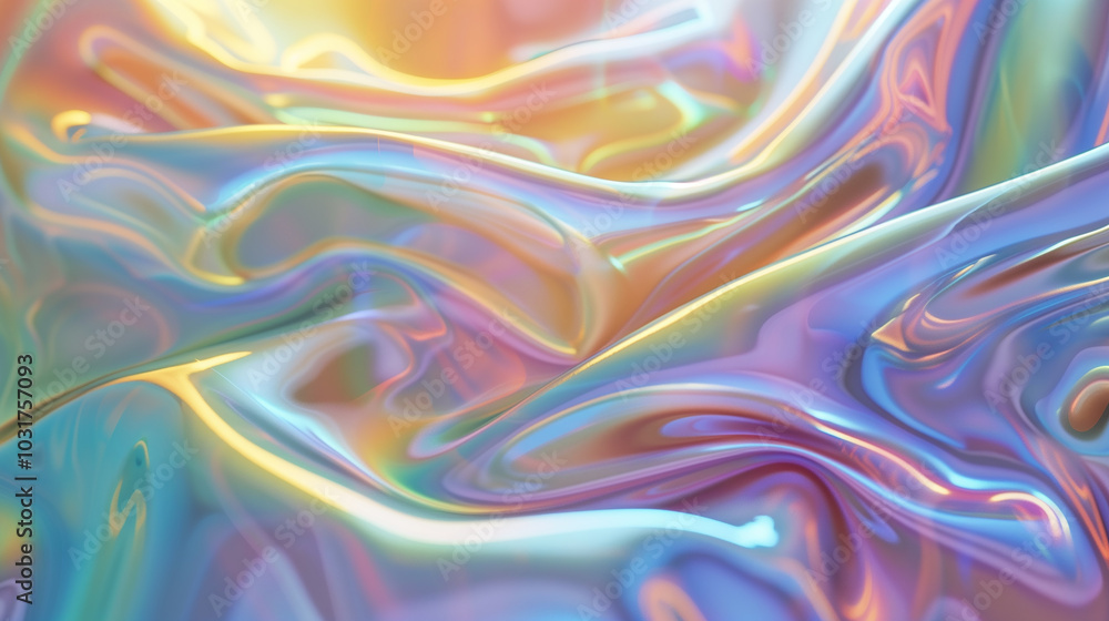 Poster abstract background with glassy 3d waves flowing in an iridescent gradient.