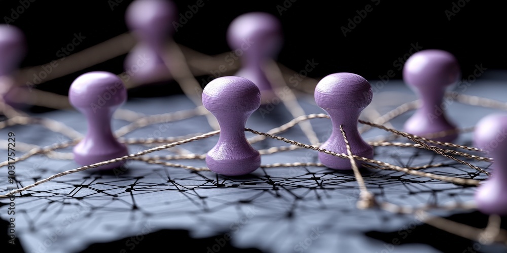 Poster connected push pins on network map teamwork collaboration business concept