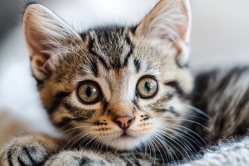  A cats face, eyes pleading, up-close on bed, gazing sadly at camera