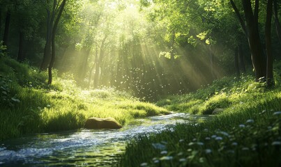 Obraz premium Sunbeams through forest trees, creek flowing.