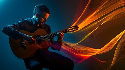 Naklejka premium Mesmerizing Classical Guitarist Performing with Colorful Light Ribbons Under Spotlight