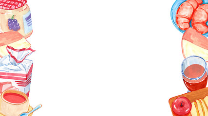 Food and drinks for a picnic, horizontal frame, watercolor painting hand-drawn illustration