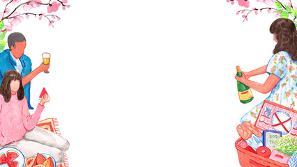 Sitting at a picnic, happily eating and drinking with friends, horizontal frame,  watercolor painting hand-drawn illustration