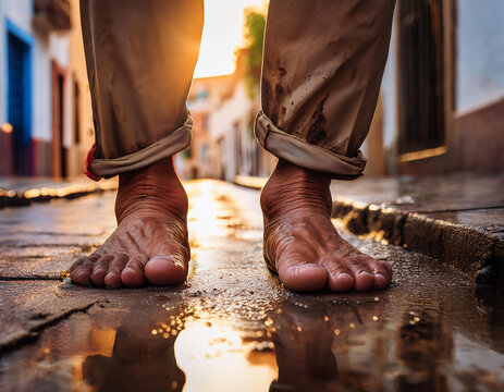 Los pies de un hombre pobre sin calzado en la calle sobre un charco de agua con reflejos