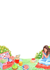 A cute woman sitting and eating fruit at a picnic in the garden, Vertical frame, watercolor painting hand-drawn illustration