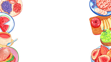 Horizontal frame of food for a picnic, watercolor painting hand-drawn illustration