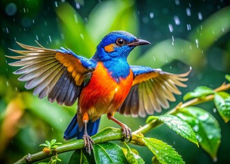 Obraz premium Vibrant Bird with Blue Head and Orange Chest Amidst Dewy Green Leaves - Avian Biodiversity Preservation