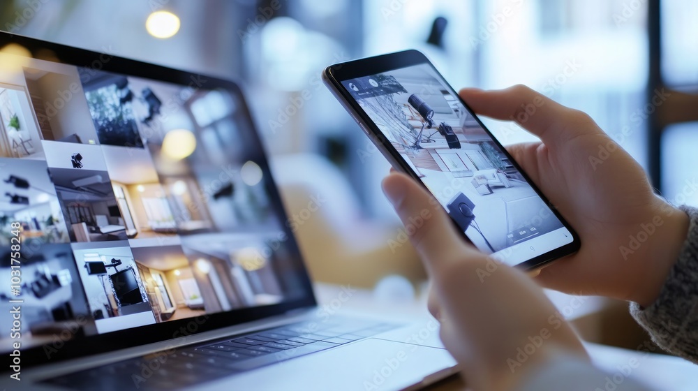 Poster person using a smartphone to monitor security cameras displayed on a laptop computer.