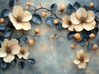 elegant floral border design featuring intricately detailed flowers and leaves in soft, muted colors, creating a beautiful frame for text or images, evoking a sense of delicacy and natural beauty