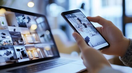 Person using a smartphone to monitor security cameras displayed on a laptop computer.