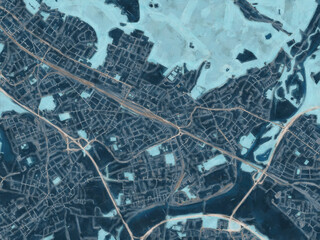 Painterly Style City Map of Troisdorf, Germany in a Blue Color Scheme.