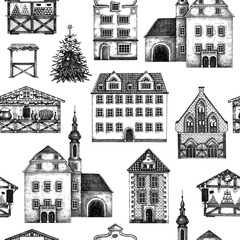 Vintage Christmas background. Old houses seamless pattern. Christmas market. City architecture hand-drawn vector illustration. NOT AI generated