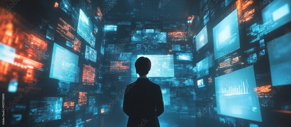 Poster a person standing in a room filled with screens displaying data and information.
