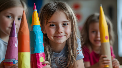 A group of children building space rockets out of recycled materials during a craft workshop at school.