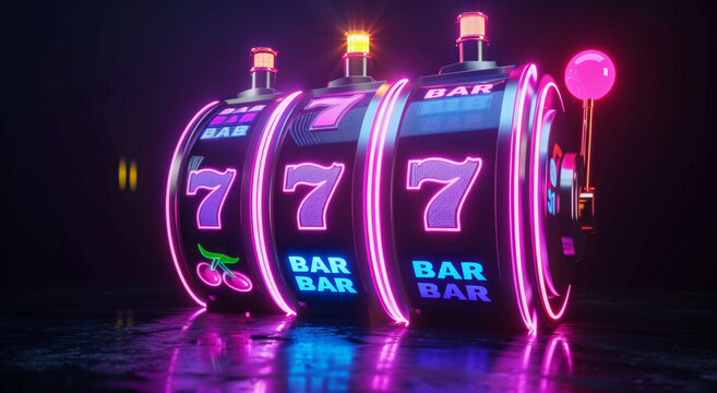 A vibrant neon slot machine that prominently features the number seven on it