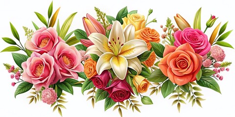 Vibrant Bouquet of Roses and Lilies - Stunning Vector Illustration Collection for Floral Designs