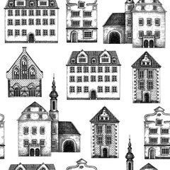 European city architecture background. Vintage houses seamless pattern. Old buildings hand-drawn vector illustration. Architectural design.  NOT AI generated