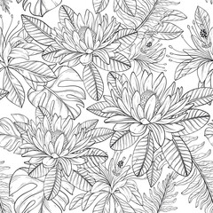 Seamless pattern with Tropical flowers and leaves, Black and white