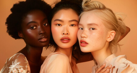 Obraz premium Three beautiful cheerful diverse models, 3 happy multicultural women, smiling multiracial young girls beauty faces
