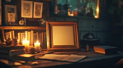Antique Wooden Frame and Books in Dimly Lit Room