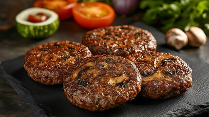 a gourmet mushroom-based burger patty with fresh ingredients, ready for grilling on a rustic background. 