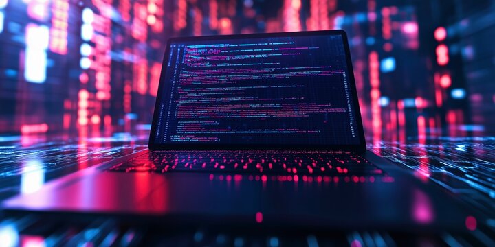 glowing laptop screen with lines of code displayed in a futuristic neon-lit digital environment