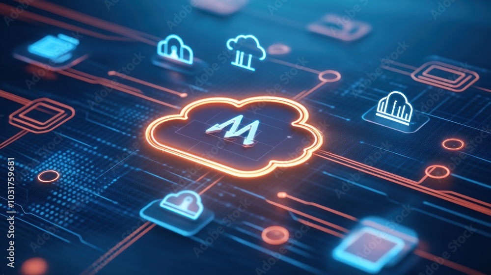 Aufkleber a cloud computing concept with an upward trend arrow inside a cloud surrounded by network icons and 