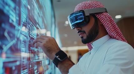 A Muslim man wearing a smart watch and using augmented reality glasses while interacting with a futuristic holographic interface in a tech hub.