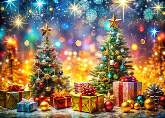 Vibrant Christmas Abstract Pattern with Trees, Stars, Snowflakes, and Gifts for Festive Decor