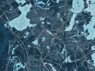 Painterly Style City Map of Dinslaken, Germany in a Blue Color Scheme.